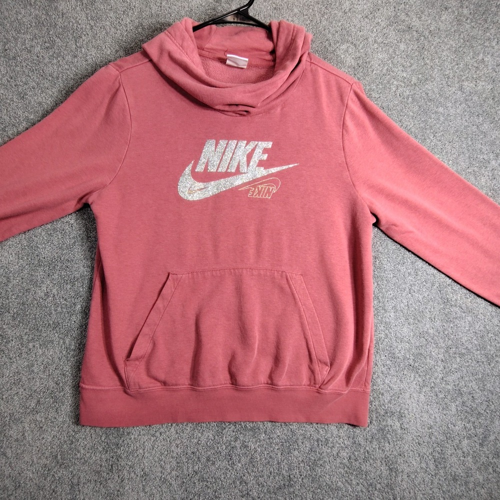 Nike Womens Funnel Neck Salmon Pink Hooded Pullover Hoodie Sz S Logo